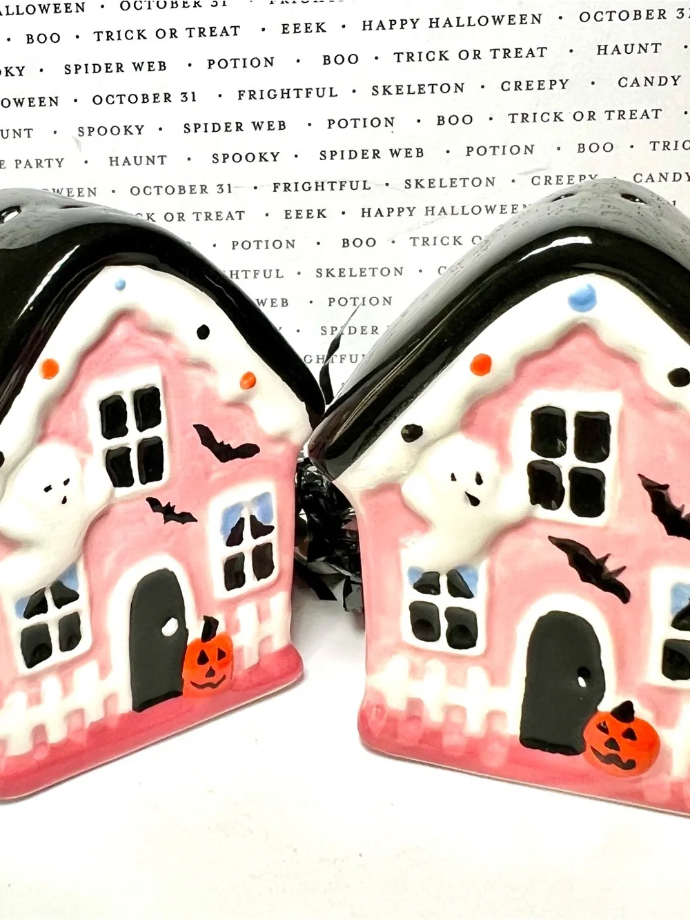 Halloween Pink Gingerbread Haunted House Ceramic Salt & Pepper Shakers Ghost Bat